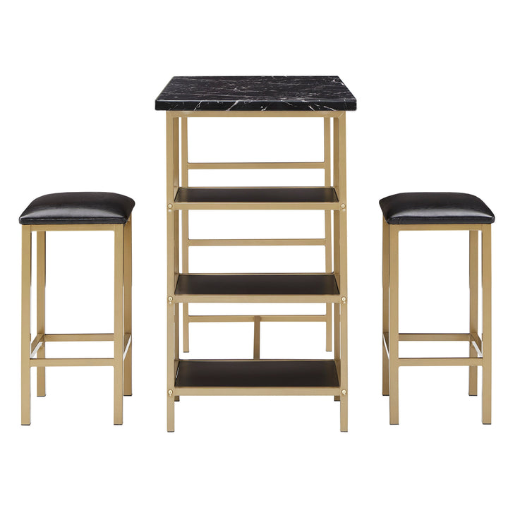 Counter Height Metal Table Set with Faux Marble Top - Gold Finish Base and Black Faux Marble Top