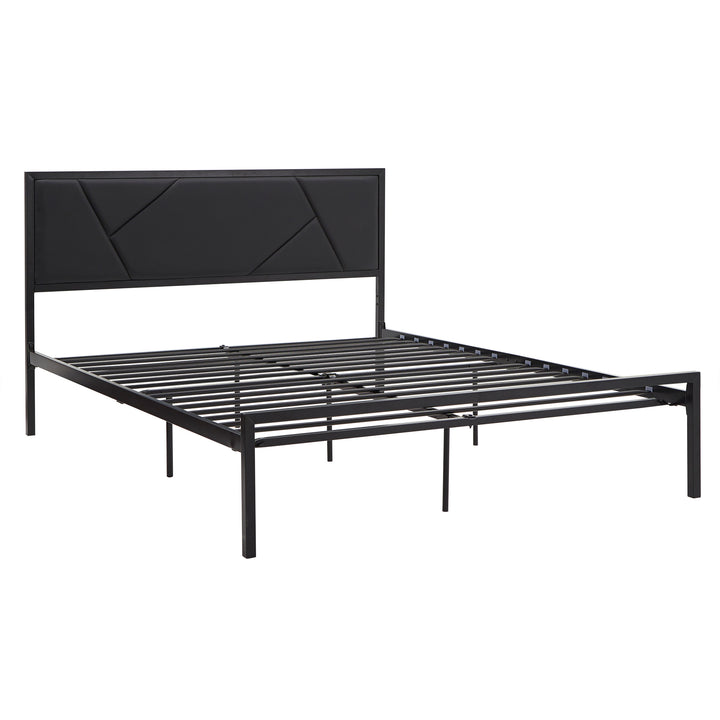 Metal Platform Bed with Geometric Headboard - Black, Queen