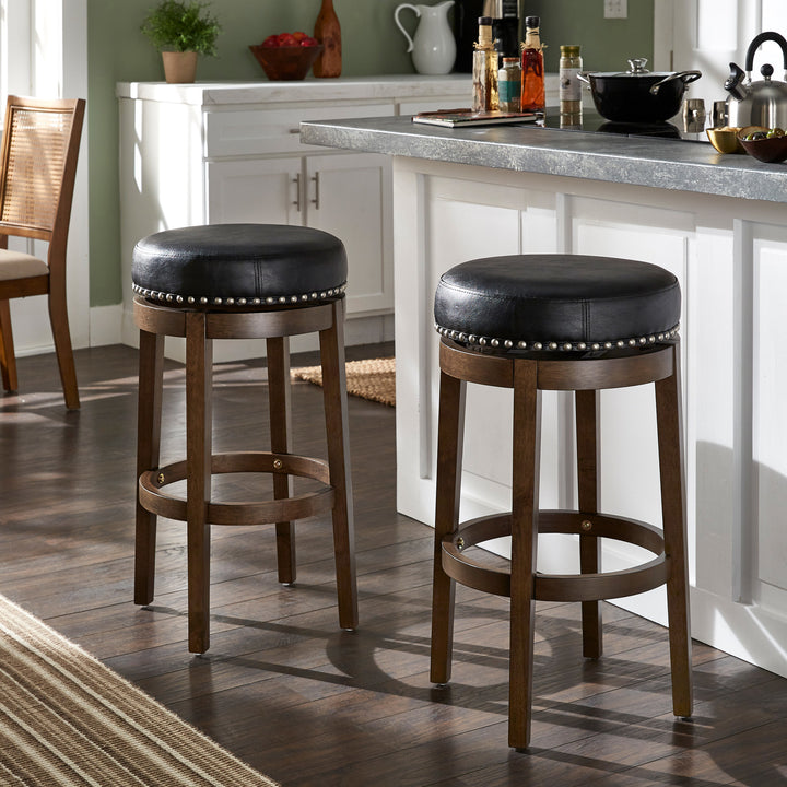 Set Of 2, Brown Finish Black Pu 29" Swivel Bar Height Stool - Black Faux Leather, Bar Height - Black Faux Leather, Bar Height