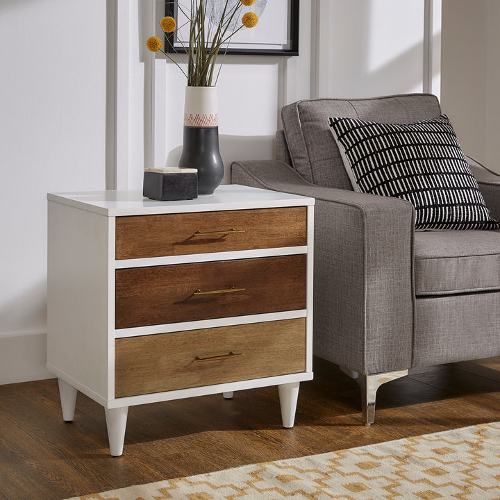 White and Natural Finish 3-Drawer Nightstand