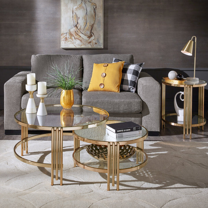 Champagne Gold Finish Textured Glass Table with Shelf - Nesting Coffee Table + End Table