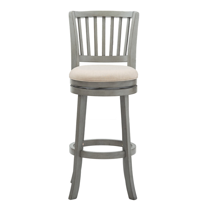 Slat Back Swivel Chair - 29" Bar Height, Antique Grey Finish, Beige Linen