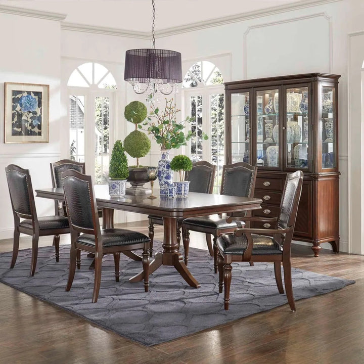 Espresso Pedestal Extending Dining Set - Faux Alligator, 7-Piece Set