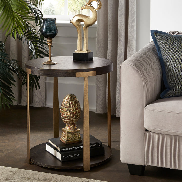 Wood and Metal T-Brace Round End Table