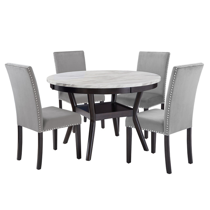 White Faux Marble Round Dining Set - 48" Dining Table with 4 Grey Velvet Chairs