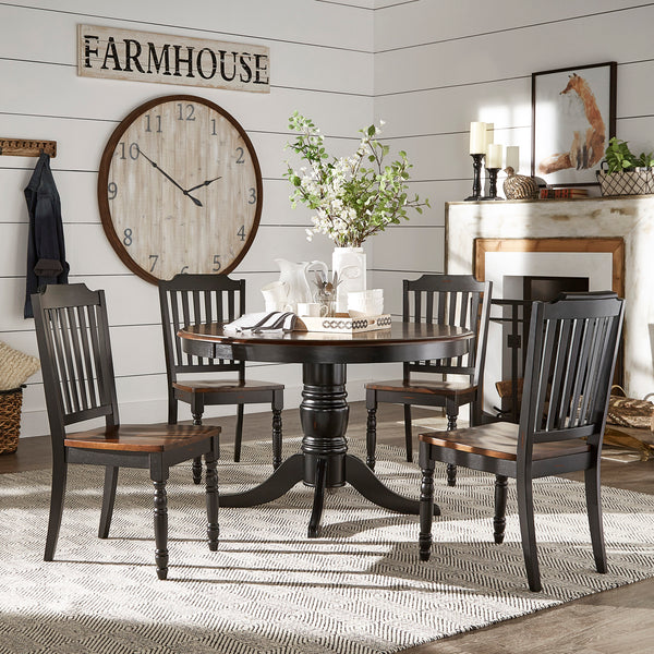 Two-Tone Round Dining Set - Antique Black, Slat Back, 5-Piece Set