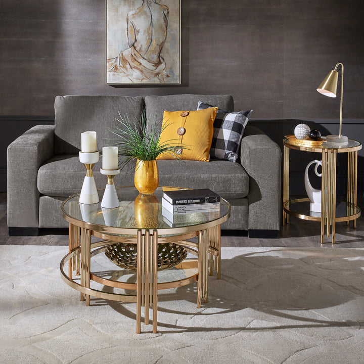 Champagne Gold Finish Textured Glass Table with Shelf - Nesting Coffee Table + End Table