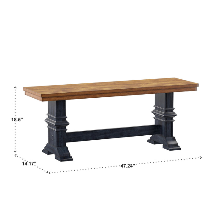 Two-Tone Trestle Leg Wood Dining Bench - Oak Top with Antique Denim Base