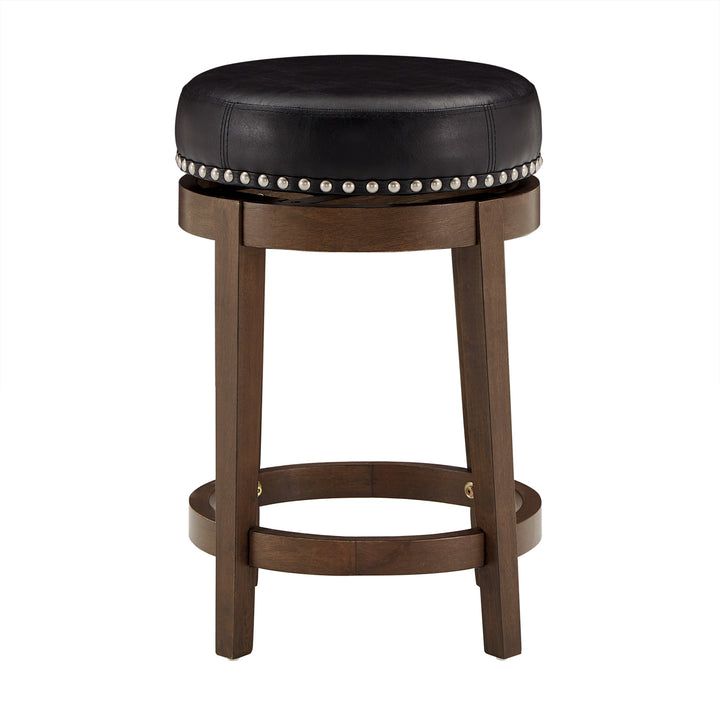 Set Of 2, Brown Finish Black Pu 24" Swivel Counter Height Stool - Black Faux Leather, Counter Height - Black Faux Leather, Counter Height