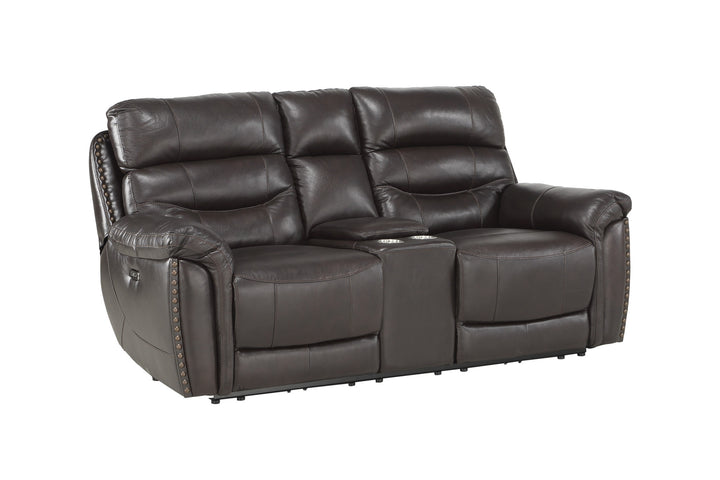 Power Double Reclining Loveseat with Console, Power Headrests & Usb Ports, Brown Top Grain Leather Match Pvc