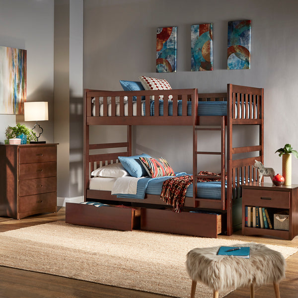 Dark Cherry Finish Kids' Bunk Bed - Twin over Twin, Bunk Bed with Storage Drawers