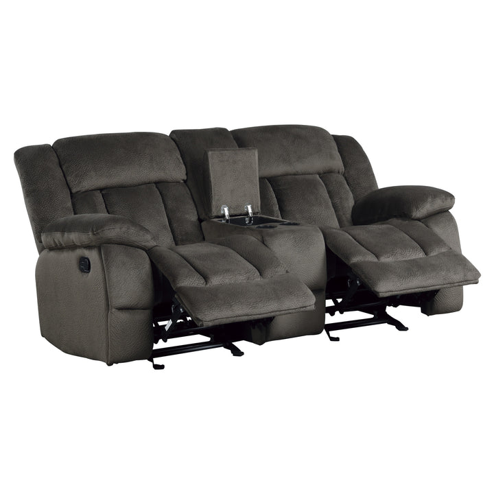 Laurelton Chocolate Textured Plush Microfiber Double Glider Reclining Loveseat with Center Console