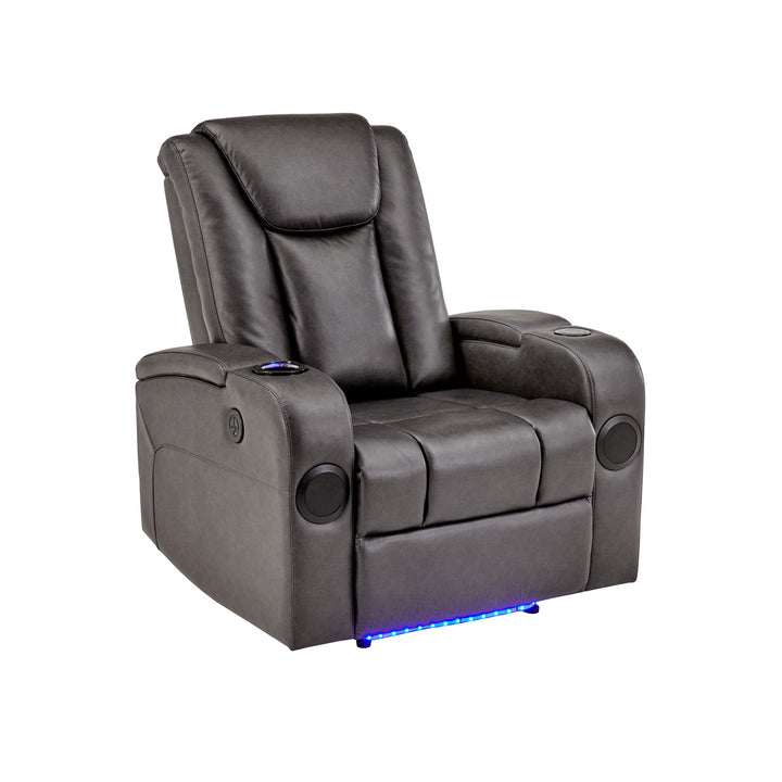 Gray Vegan Leather LED Power Recliner with Speaker, Storage, USB and Wireless Charger