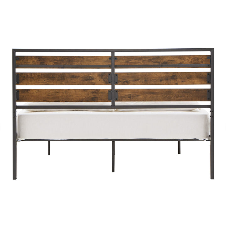 Low Profile Metal Platform Bed with Wood Finish Panels - Gray, Queen