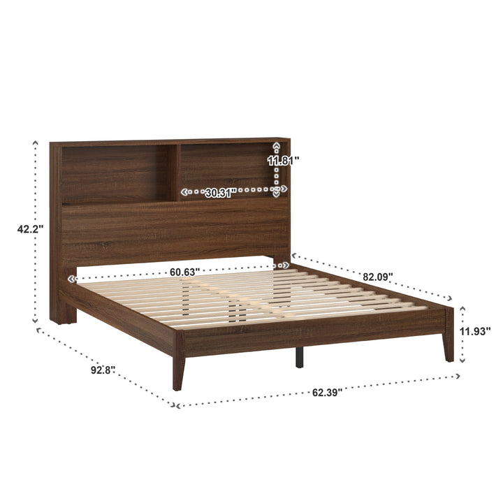 Bookcase Platform Bed with USBs - Cherry Finish, Queen Size