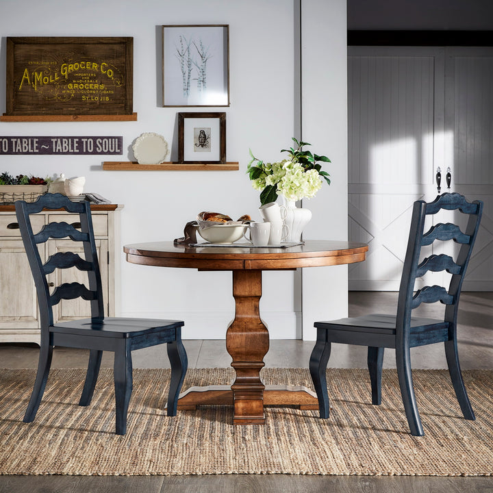 French Ladder Back Wood Dining Chairs (Set of 2) - Antique Dark Denim Blue