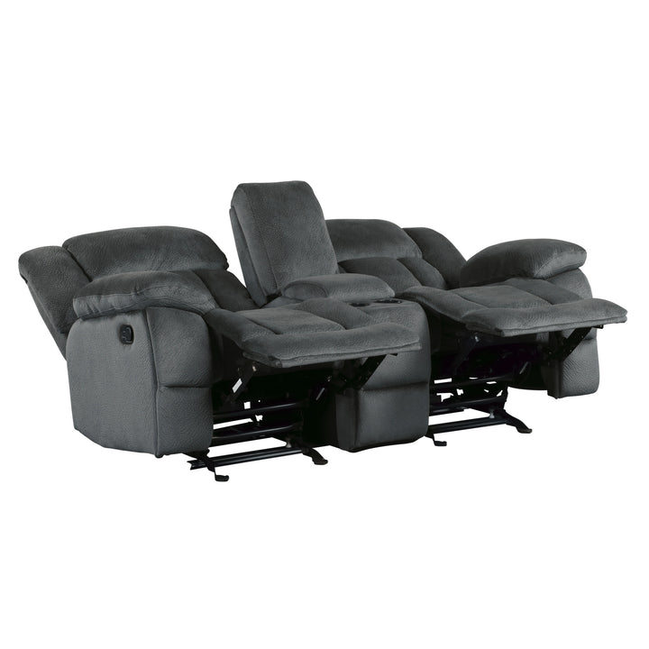 Laurelton Charcoal Textured Plush Microfiber Double Glider Reclining Loveseat with Center Console