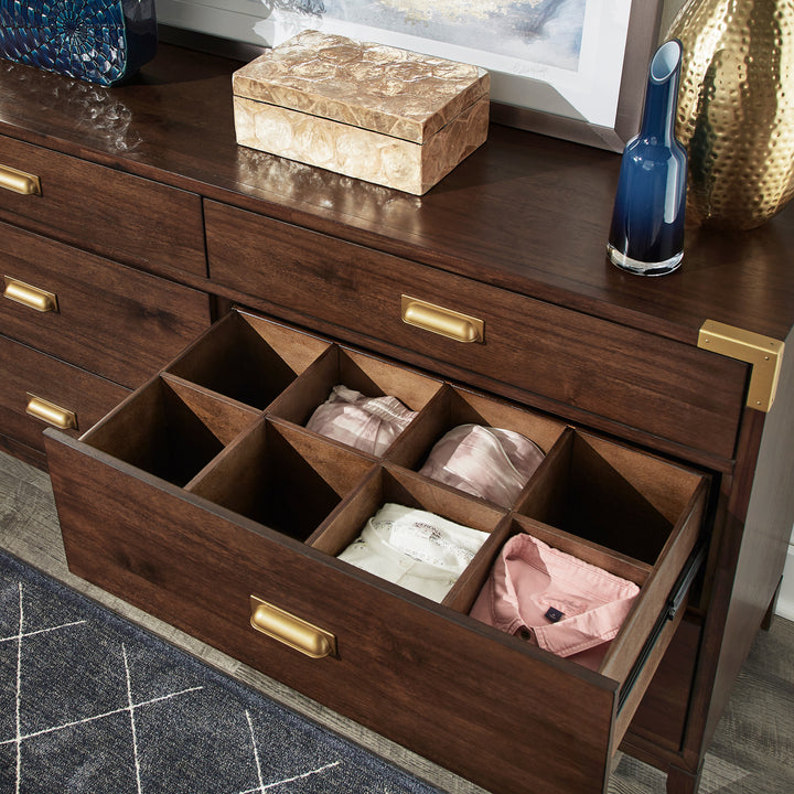 64" Wide 6 - Drawer Campaign Dresser - Walnut Finish, Gold Accent, Dresser Only