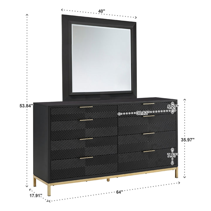 64" Wide 8 - Drawer Dresser - Black Finish, Gold Accent, Dresser and Mirror