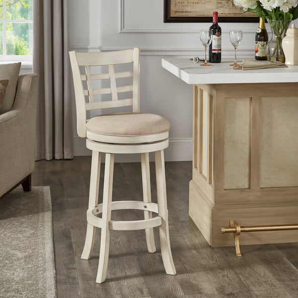 Window Back 29"H Swivel Bar Stool - Antique White Finish, Beige Linen