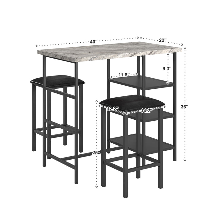 Counter Height Metal Table Set with Faux Marble Top - Black Finish Base and Beige Faux Marble Top