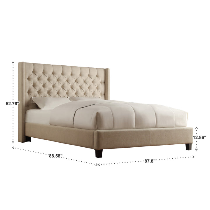 Wingback Button Tufted Platform Bed - Beige Linen, King