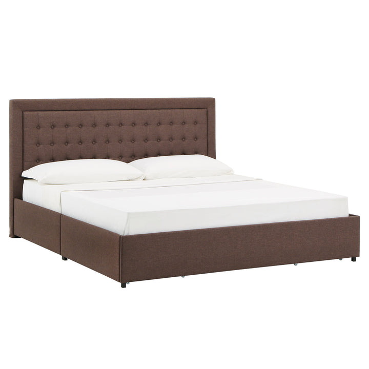 Tufted Linen Headboard Storage Platform Bed - Brown Linen, King