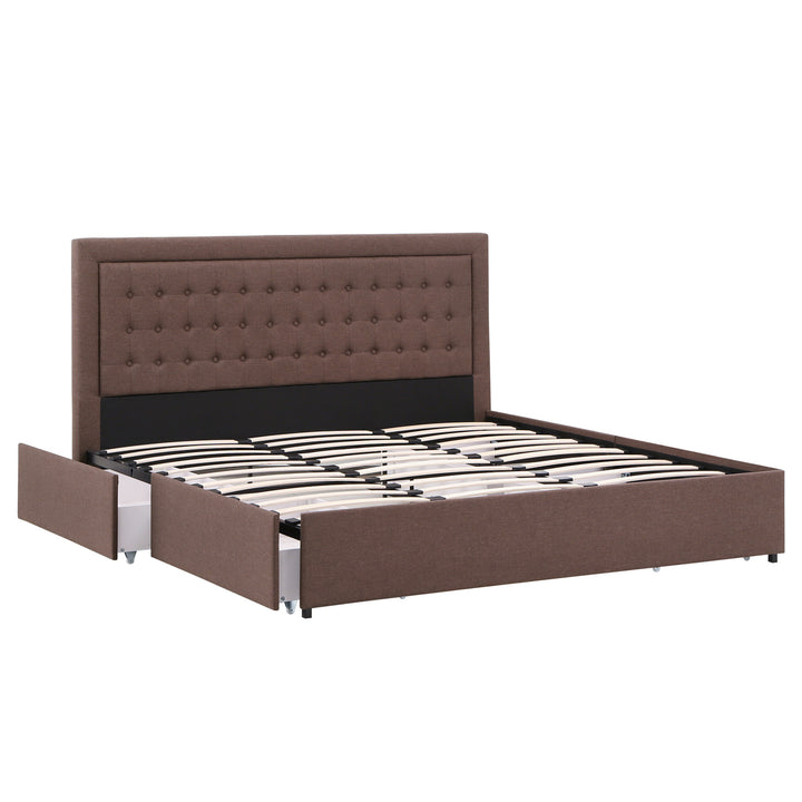 Tufted Linen Headboard Storage Platform Bed - Brown Linen, King