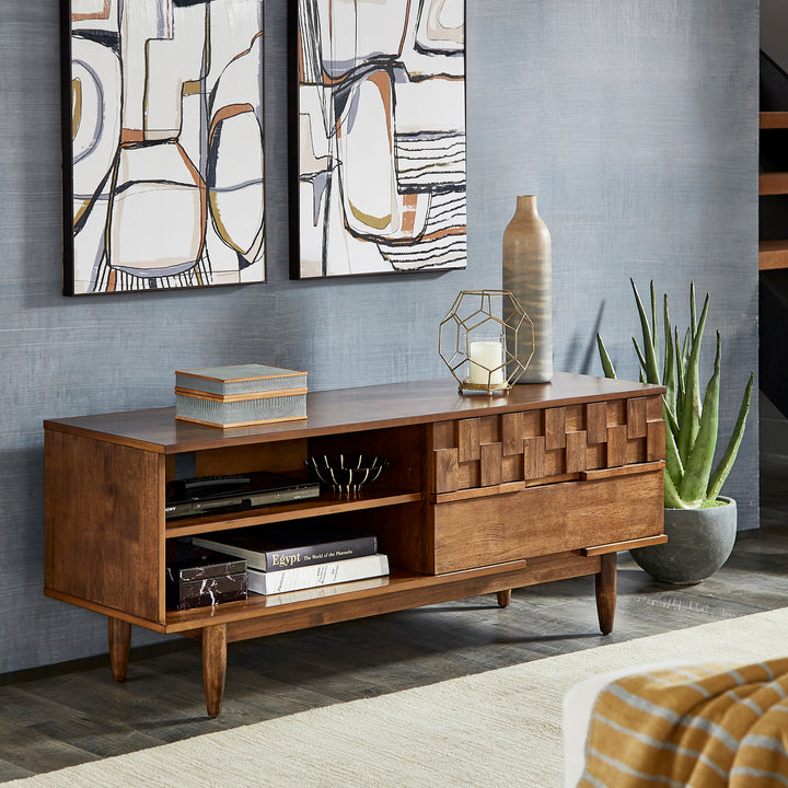 Mid-Century Wood 2-Drawer TV Stand - Brown Finish, 59" Wide