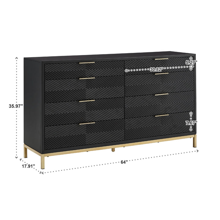 64" Wide 8 - Drawer Dresser - Black Finish, Gold Accent, Dresser Only