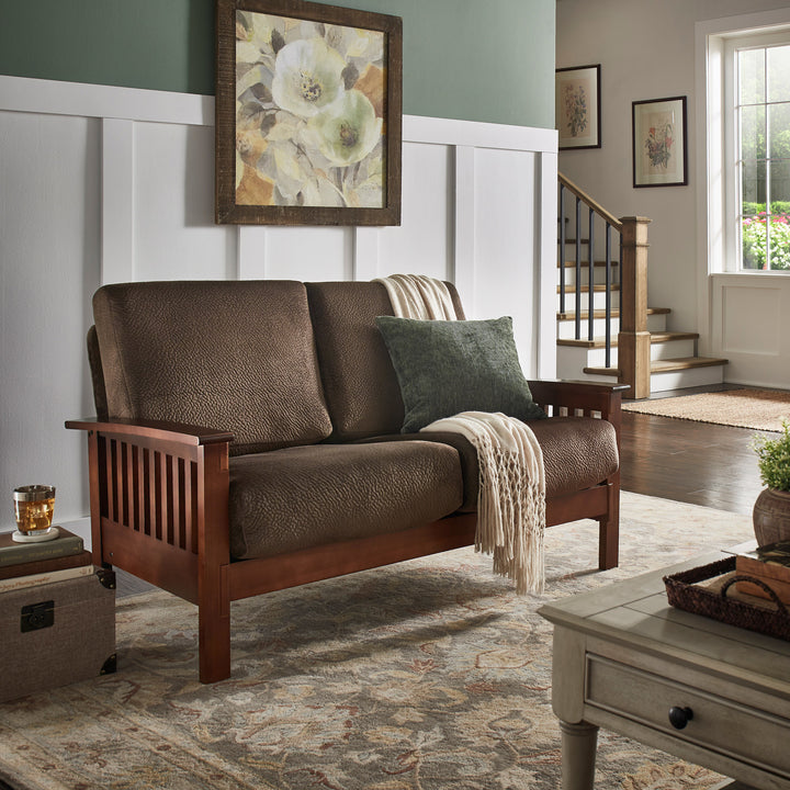 Mission-Style Wood Loveseat - Dark Brown Fabric, Oak Finish