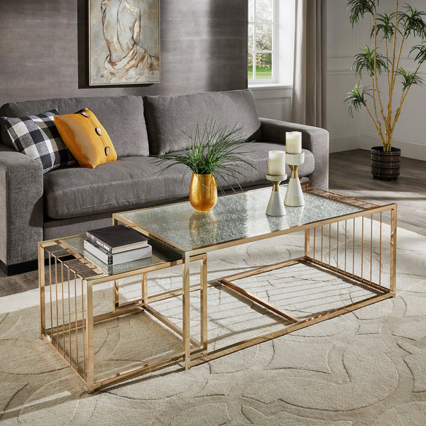 Champagne Gold Finish Textured Mirror Top Nesting Coffee Table