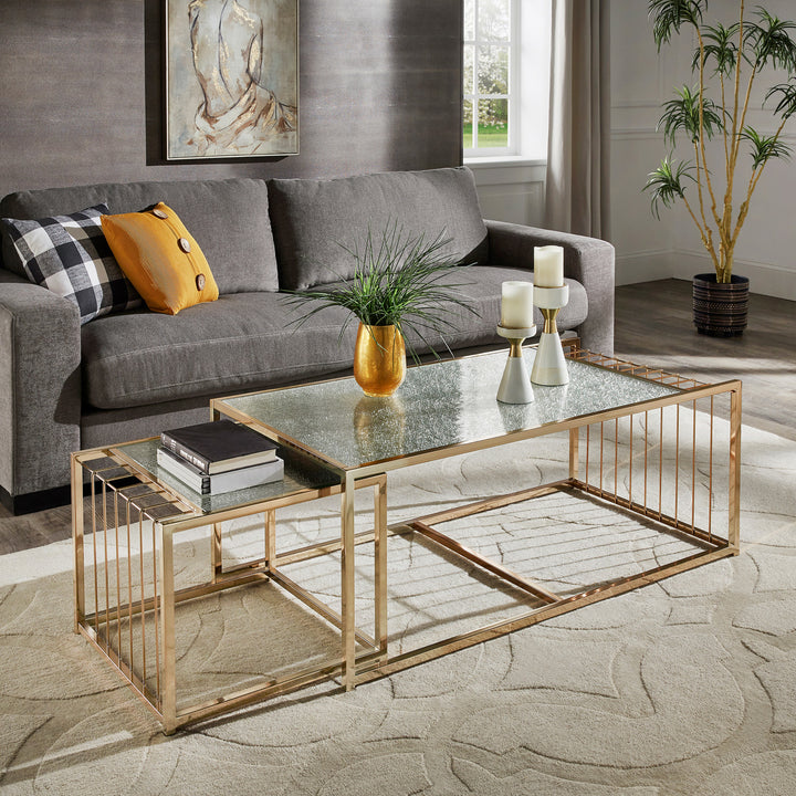 Champagne Gold Finish Textured Mirror Top Nesting Coffee Table