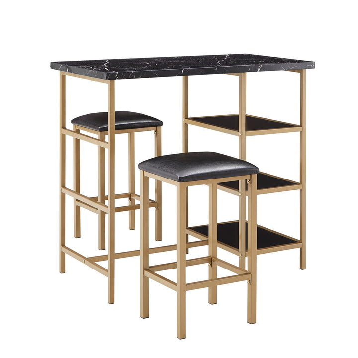 Counter Height Metal Table Set with Faux Marble Top - Gold Finish Base and Black Faux Marble Top