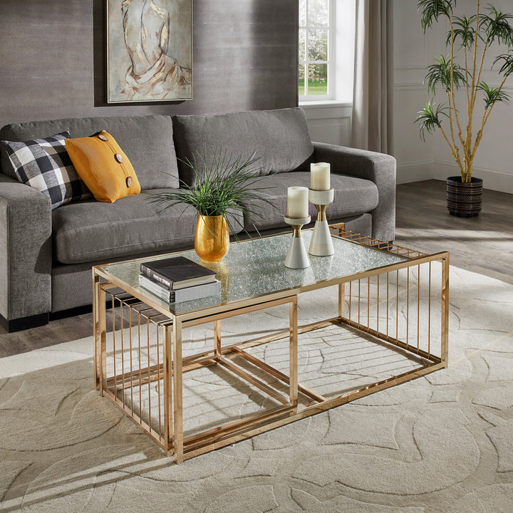 Champagne Gold Finish Textured Mirror Top Nesting Coffee Table