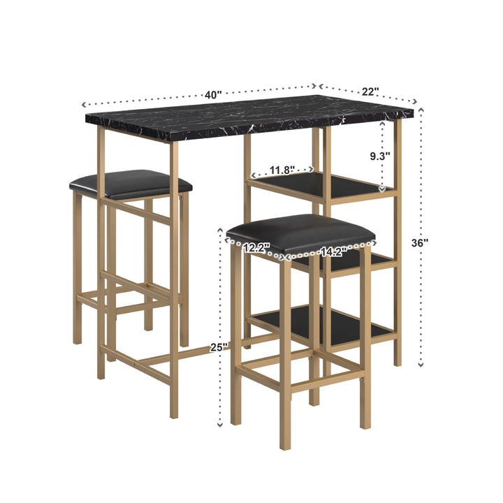 Counter Height Metal Table Set with Faux Marble Top - Gold Finish Base and Black Faux Marble Top