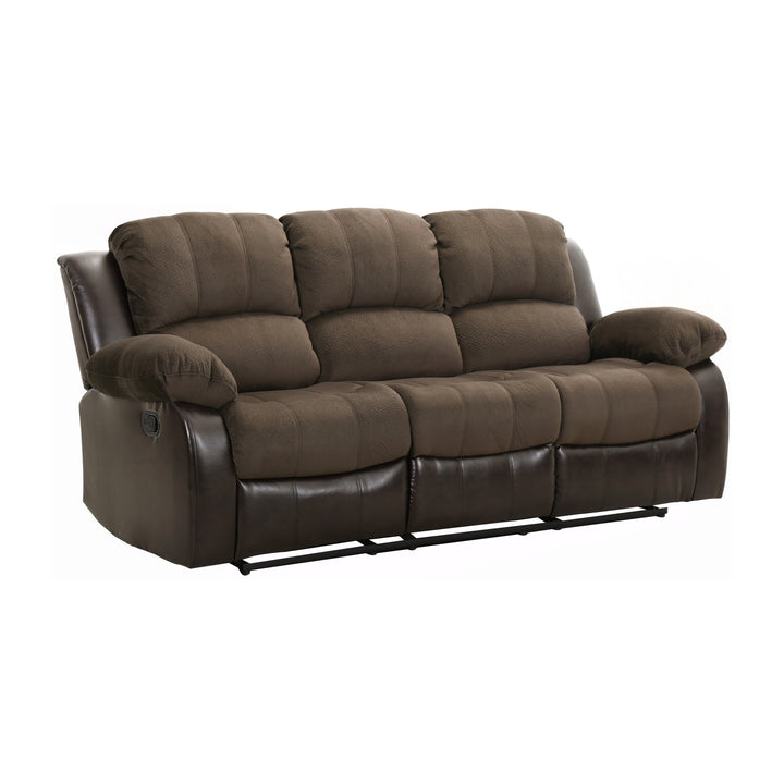 Cranley Chocolate Textured Plush Microfiber & Dark Brown Bi-Cast Vinyl Double Reclining Sofa