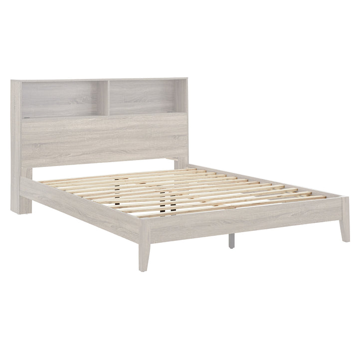 Bookcase Platform Bed with USBs - White Finish, Queen Size