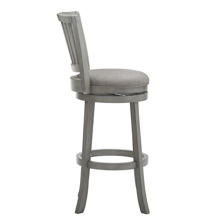 Slat Back Swivel Chair - 29" Bar Height, Antique Gray Finish, Gray Linen