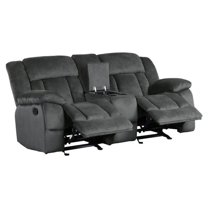 Laurelton Charcoal Textured Plush Microfiber Double Glider Reclining Loveseat with Center Console