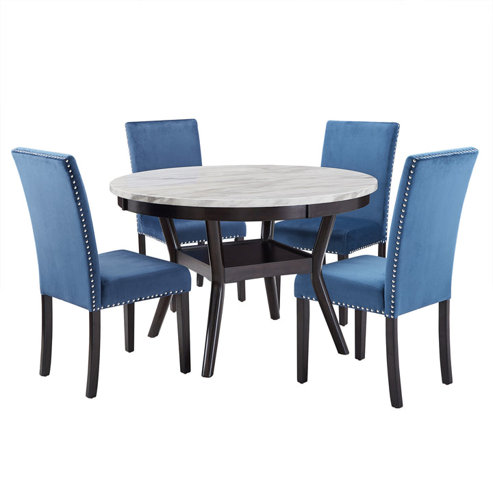 White Faux Marble Round Dining Set - 48" Dining Table with 4 Blue Velvet Chairs