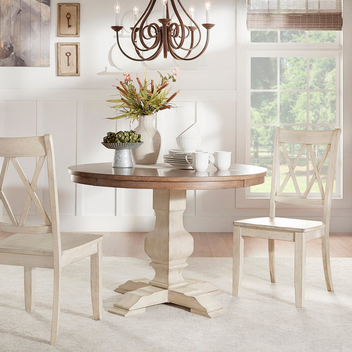 Two-Tone Round Solid Wood Top Dining Table - Oak Top with Antique White Base