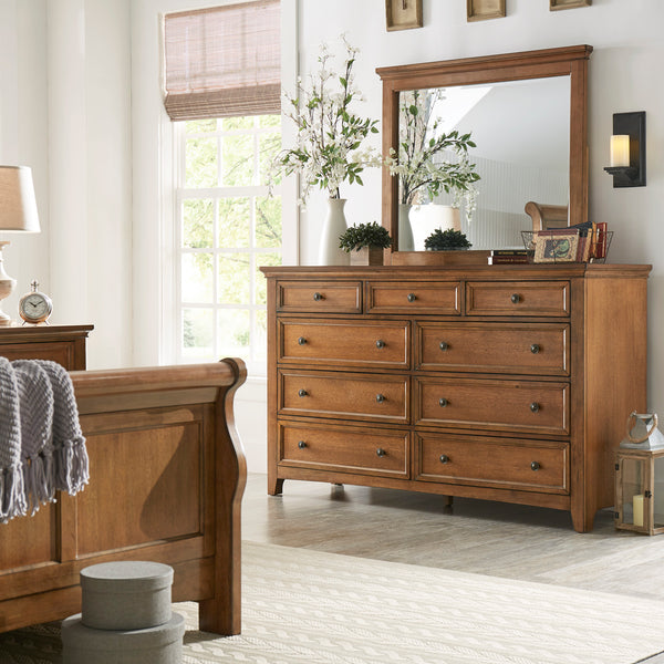 9-Drawer Wood Modular Storage Dresser - Oak Finish, Dresser and Mirror Set