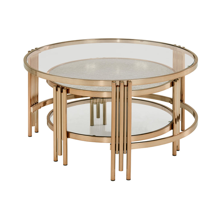 Champagne Gold Finish Textured Glass Table with Shelf - Nesting Coffee Table + End Table