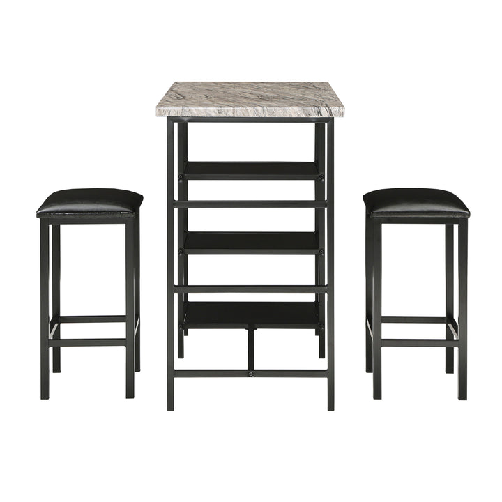 Counter Height Metal Table Set with Faux Marble Top - Black Finish Base and Beige Faux Marble Top