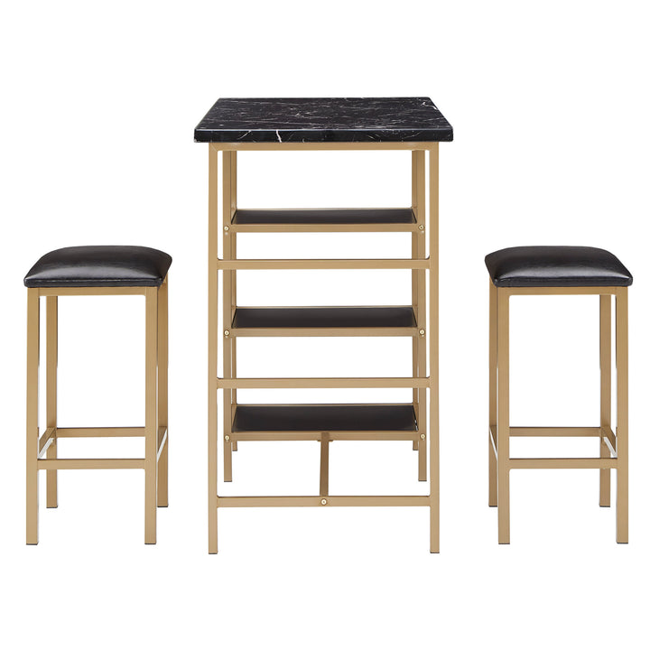 Counter Height Metal Table Set with Faux Marble Top - Gold Finish Base and Black Faux Marble Top