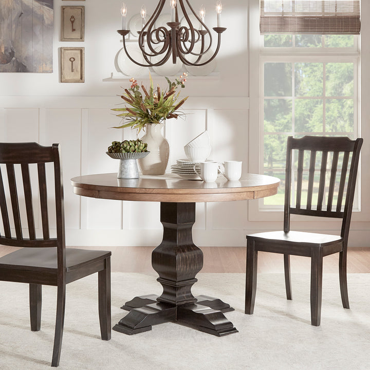 Two-Tone Round Solid Wood Top Dining Table - Oak Top with Antique Black Base