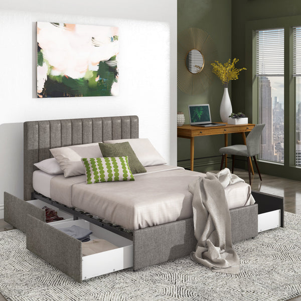 Grey Linen Upholstered Storage Platform Bed with Channel Headboard - Full