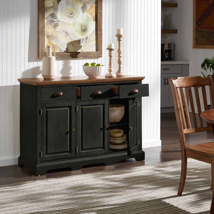 Wood Cabinet Buffet Server - Oak Top with Antique Black Base