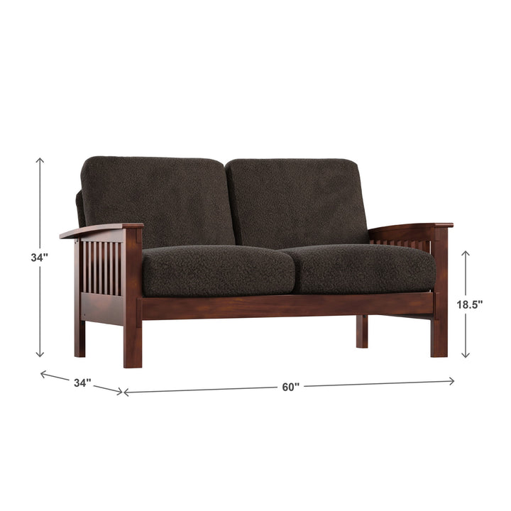 Mission-Style Wood Loveseat - Dark Brown Fabric, Oak Finish